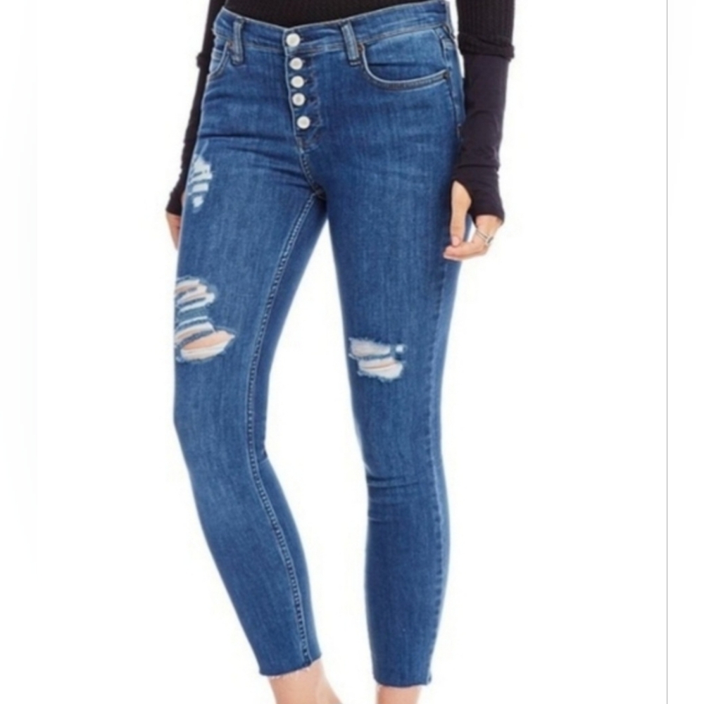 Free People Distressed Button-Fly Skinny Jeans - Size 28